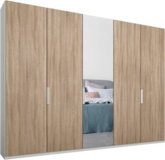 An Image of Caren 5 door 250cm Hinged Wardrobe, White Frame, Oak & Mirror Doors, Premium Interior