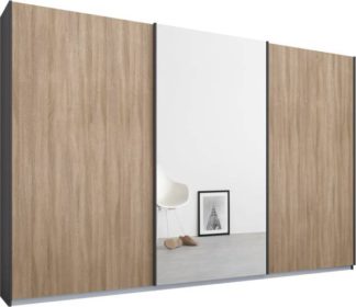 An Image of Malix 3 door 270cm Sliding Wardrobe, Graphite Grey frame,Oak & Mirror doors , Premium Interior