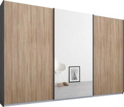 An Image of Malix 3 door 270cm Sliding Wardrobe, Graphite Grey frame,Oak & Mirror doors, Standard Interior