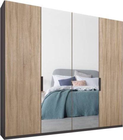 An Image of Caren 4 door 200cm Hinged Wardrobe, Graphite Grey Frame, Oak & Mirror Doors, Premium Interior