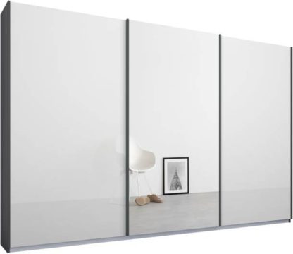 An Image of Malix 3 door 270cm Sliding Wardrobe, Graphite Grey frame,White Glass & Mirror doors , Premium Interior