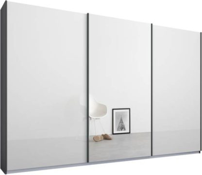 An Image of Malix 3 door 270cm Sliding Wardrobe, Graphite Grey frame,White Glass & Mirror doors, Standard Interior