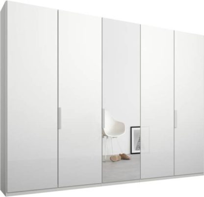 An Image of Caren 5 door 250cm Hinged Wardrobe, White Frame, White Glass & Mirror Doors, Premium Interior