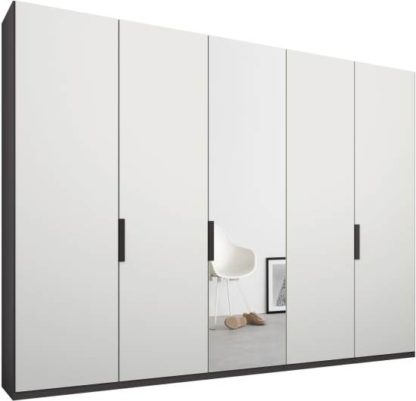 An Image of Caren 5 door 250cm Hinged Wardrobe, Graphite Grey Frame, Matt White & Mirror Doors, Classic Interior