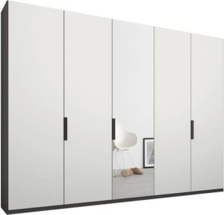 An Image of Caren 5 door 250cm Hinged Wardrobe, Graphite Grey Frame, Matt White & Mirror Doors, Premium Interior