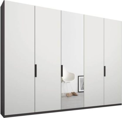 An Image of Caren 5 door 250cm Hinged Wardrobe, Graphite Grey Frame, Matt White & Mirror Doors, Standard Interior
