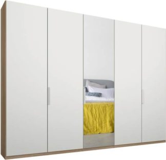 An Image of Caren 5 door 250cm Hinged Wardrobe, Oak Frame, Matt White & Mirror Doors, Premium Interior