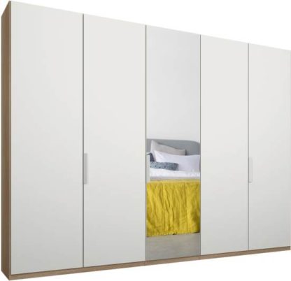 An Image of Caren 5 door 250cm Hinged Wardrobe, Oak Frame, Matt White & Mirror Doors, Standard Interior