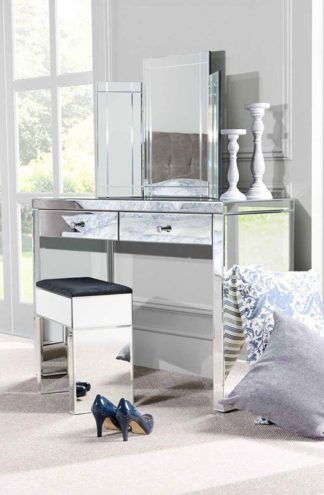 An Image of APHRODITE Mirrored Dressing Table, COLLETA Triple Folding Mirror & Mirrored Stool