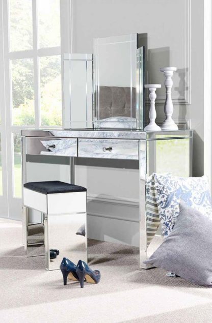 310be18dbc9044f8f6ebcc8a4cff7d89d221a8ea8591ee0fa7f65f31f7ef9fdb.jpg An Image of APHRODITE Mirrored Dressing Table, COLLETA Triple Folding Mirror & Mirrored Stool