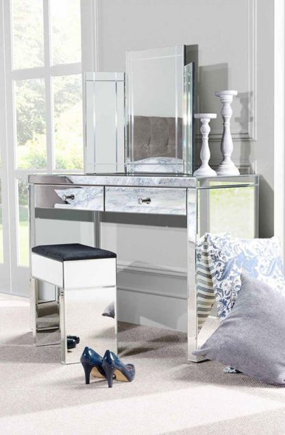 An Image of APHRODITE Mirrored Dressing Table, COLLETA Triple Folding Mirror & Mirrored Stool