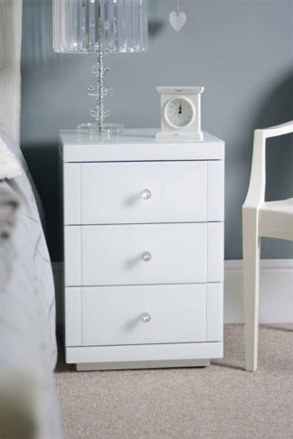 An Image of Pair of LUCIA White Glass Bedside Tables with 3 Drawers