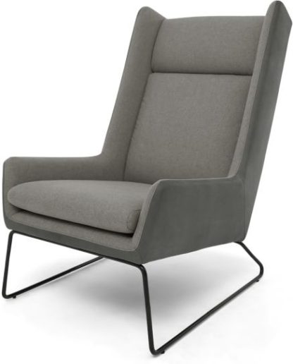 An Image of Hicks Wing Back Armchair, Anthracite Grey Leather with Pheasant Grey fabric