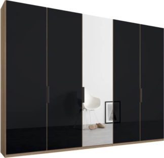 An Image of Caren 5 door 250cm Hinged Wardrobe, Oak Frame, Basalt Grey Glass & Mirror Doors, Premium Interior