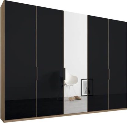 An Image of Caren 5 door 250cm Hinged Wardrobe, Oak Frame, Basalt Grey Glass & Mirror Doors, Standard Interior