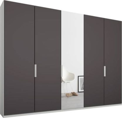 An Image of Caren 5 door 250cm Hinged Wardrobe, White Frame, Matt Graphite Grey & Mirror Doors, Classic Interior