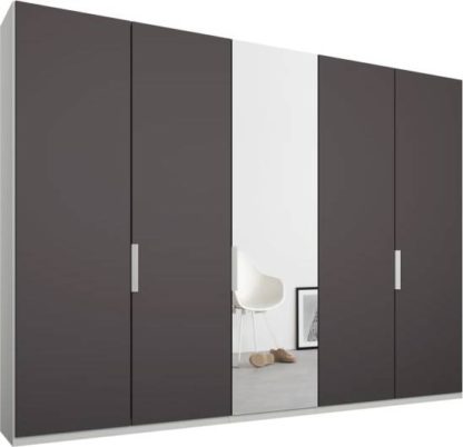 3ac95ab26fb72fd2b09db72ff37c9c9759da054944e7bb8864e76c8a108070de.jpg An Image of Caren 5 door 250cm Hinged Wardrobe, White Frame, Matt Graphite Grey & Mirror Doors, Standard Interior