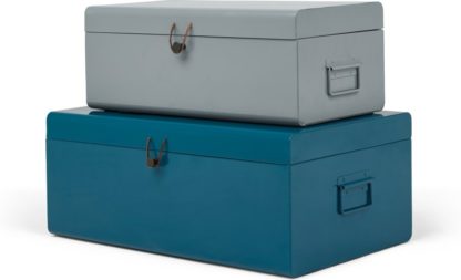 An Image of Daven Set of 2 Metal Storage Box Trunks, Teal & Grey