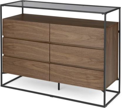 An Image of Jaxta Wide Chest of Drawers, Walnut and Smoked Glass