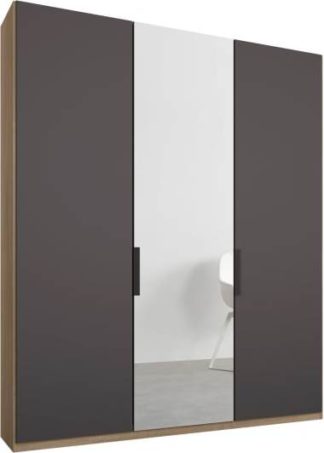 An Image of Caren 3 door 150cm Hinged Wardrobe, Oak Frame, Matt Graphite Grey & Mirror Doors, Classic Interior