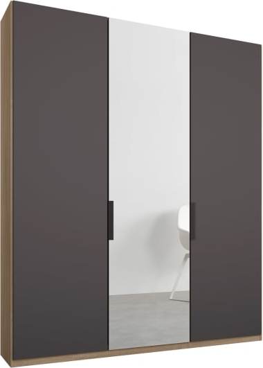 An Image of Caren 3 door 150cm Hinged Wardrobe, Oak Frame, Matt Graphite Grey & Mirror Doors, Premium Interior