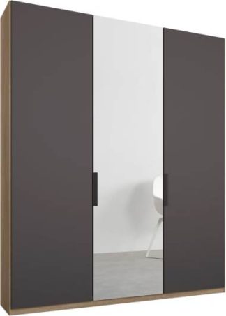An Image of Caren 3 door 150cm Hinged Wardrobe, Oak Frame, Matt Graphite Grey & Mirror Doors, Standard Interior