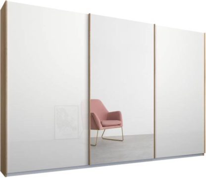 An Image of Malix 3 door 270cm Sliding Wardrobe, Oak frame,White Glass & Mirror doors , Premium Interior