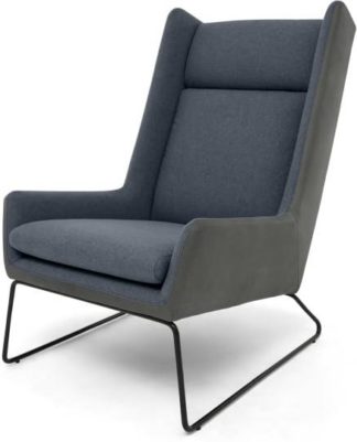 An Image of Hicks Wing Back Armchair, Anthracite Grey Leather with Iris Blue Fabric