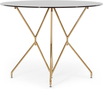 4f2bde412ee81943ba9d35973834e01c8f024fb92c8c527b4455de4daaf99e46.jpg An Image of Dashiel Round Dining Table, Smoked Glass and Brass