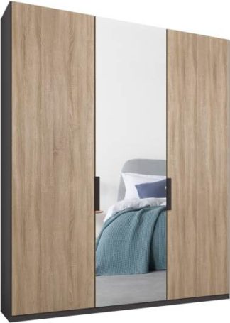 An Image of Caren 3 door 150cm Hinged Wardrobe, Graphite Grey Frame, Oak & Mirror Doors, Premium Interior