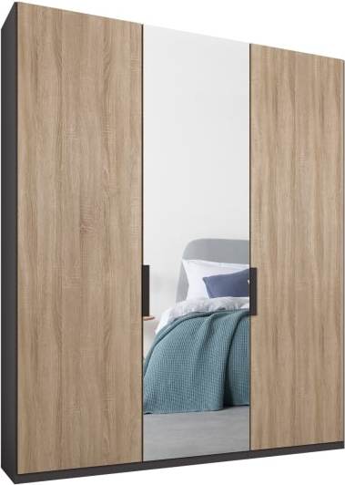 An Image of Caren 3 door 150cm Hinged Wardrobe, Graphite Grey Frame, Oak & Mirror Doors, Standard Interior