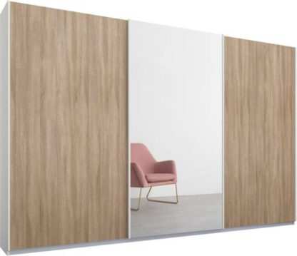 56ff1472062f0051d711bc9c171925cc300c1086899449a6a902294f1d87ea7e-1.jpg An Image of Malix 3 door 270cm Sliding Wardrobe, White frame,Oak & Mirror doors , Classic Interior