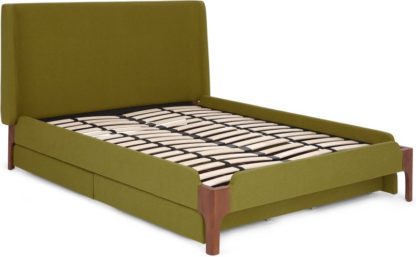 An Image of Roscoe Double Bed with Drawer Storage, Olive Green & Walnut Stain Legs