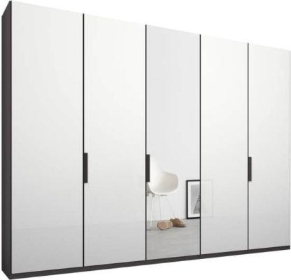 An Image of Caren 5 door 250cm Hinged Wardrobe, Graphite Grey Frame, White Glass & Mirror Doors, Classic Interior