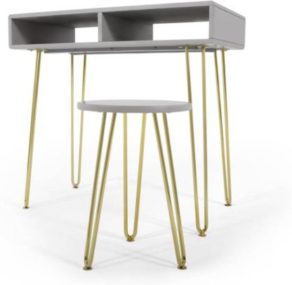 An Image of Cal Desk and Stool Set, Grey and Brass