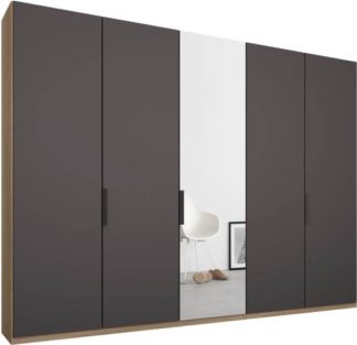 An Image of Caren 5 door 250cm Hinged Wardrobe, Oak Frame, Matt Graphite Grey & Mirror Doors, Classic Interior