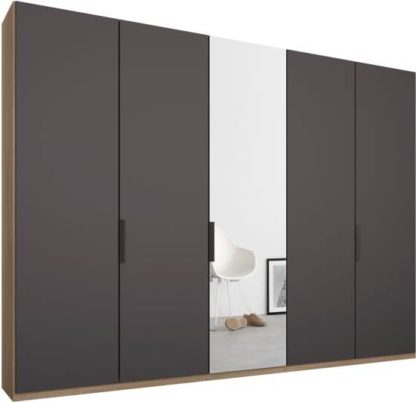 An Image of Caren 5 door 250cm Hinged Wardrobe, Oak Frame, Matt Graphite Grey & Mirror Doors, Premium Interior