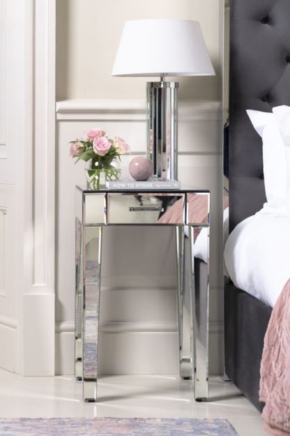 An Image of ZOE Mirrored Bedside Lamp Table with Single Drawer