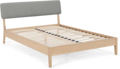 An Image of MADE Essentials Noka Double Bed, Upholstered Cool Grey & Oak