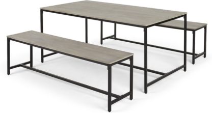 An Image of Lomond Dining Table and Bench Set, Grey Washed Mango Wood