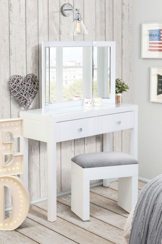 An Image of MADISON White Glass Dressing Table, White Triple Folding Mirror & White Glass Stool