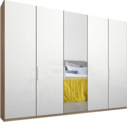 An Image of Caren 5 door 250cm Hinged Wardrobe, Oak Frame, White Glass & Mirror Doors, Classic Interior