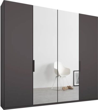 An Image of Caren 4 door 200cm Hinged Wardrobe, Graphite Grey Frame, Matt Graphite Grey & Mirror Doors, Standard Interior