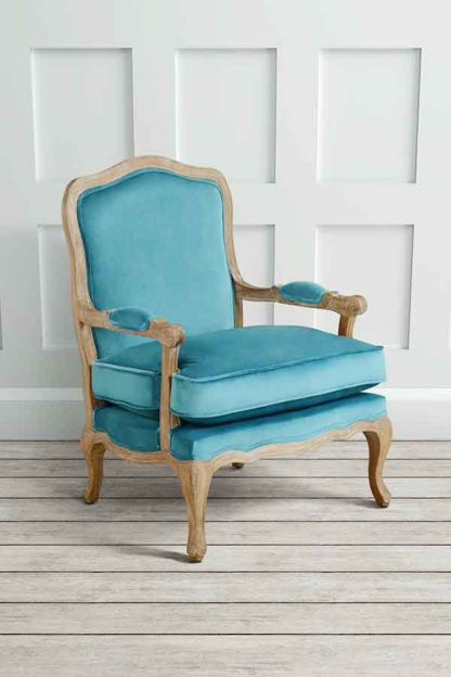 847eef994ad7dc1d6ae17c37b04ac3c74b43aa8eddae068e540351c03048a9c2.jpg An Image of Le Brun - French Oak Teal Occasional Armchair