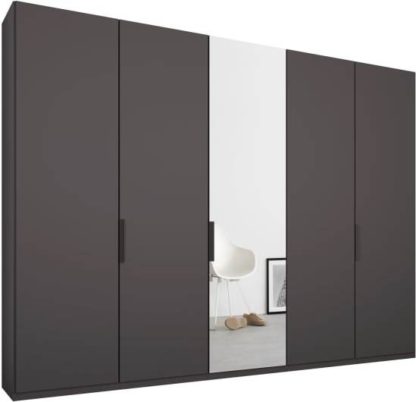 An Image of Caren 5 door 250cm Hinged Wardrobe, Graphite Grey Frame, Matt Graphite Grey & Mirror Doors, Standard Interior