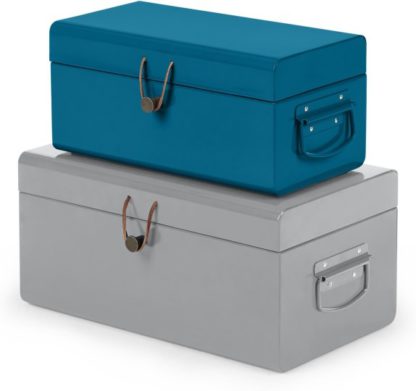An Image of Daven Set of 2 Small Metal Storage Trunks, Teal Blue & Grey
