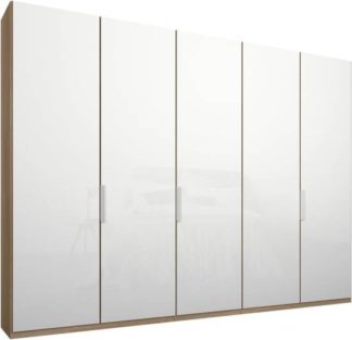 An Image of Caren 5 door 250cm Hinged Wardrobe, Oak Frame, White Glass Doors, Standard Interior