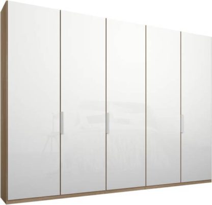An Image of Caren 5 door 250cm Hinged Wardrobe, Oak Frame, White Glass Doors, Standard Interior