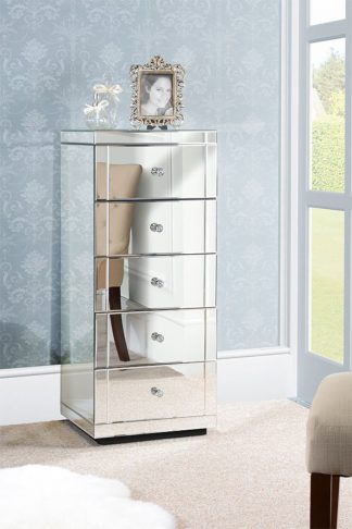 An Image of JULIANNA Mirrored Tallboy Chest with 5 Drawers and Plinth