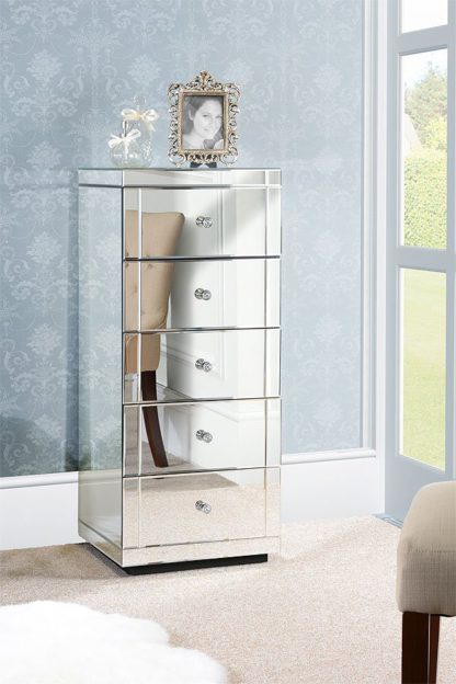 An Image of JULIANNA Mirrored Tallboy Chest with 5 Drawers and Plinth